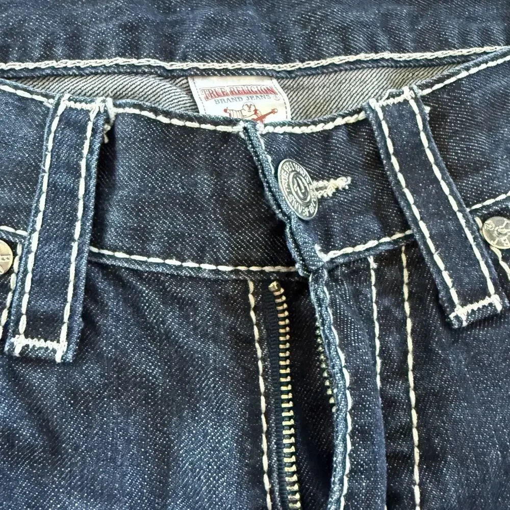 True Religion Joey Jeans Mens 33 USA Made Dark Wash Thick White Stitch Straight